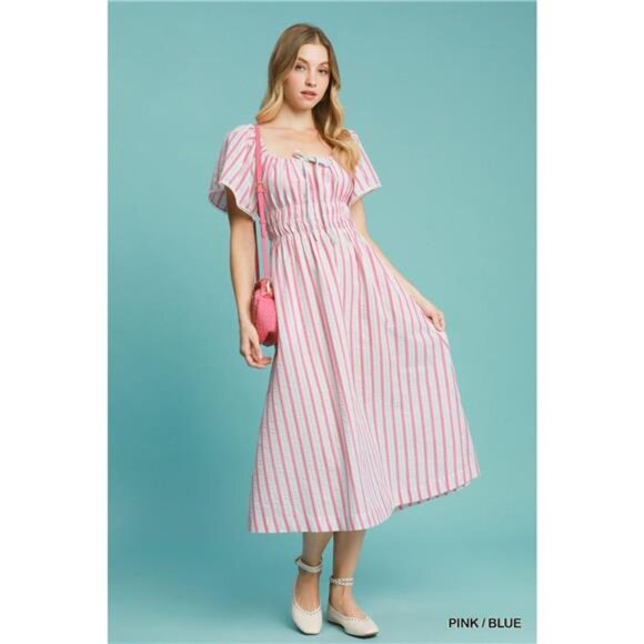Umgee Smocked Striped Short Sleeve Midi Dress - Picture 1 of 4